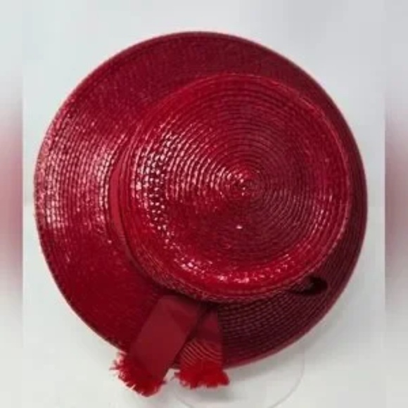 VINTAGE MR. MICHAEL EXCLUSIVE RED WOVEN PAPER STRAW BOATER HAT WIDE BRIM WOMEN main image 12